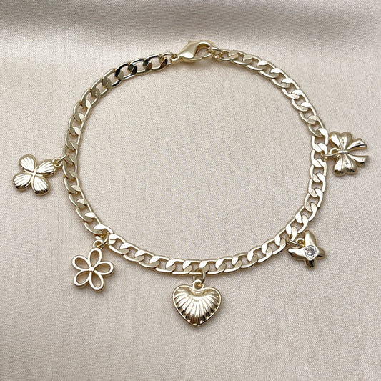 Oro Laminado Charm Bracelet, Gold Filled Style Heart and Butterfly Design, Polished, Golden Finish