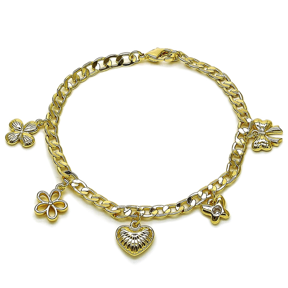 Oro Laminado Charm Bracelet, Gold Filled Style Heart and Butterfly Design, Polished, Golden Finish