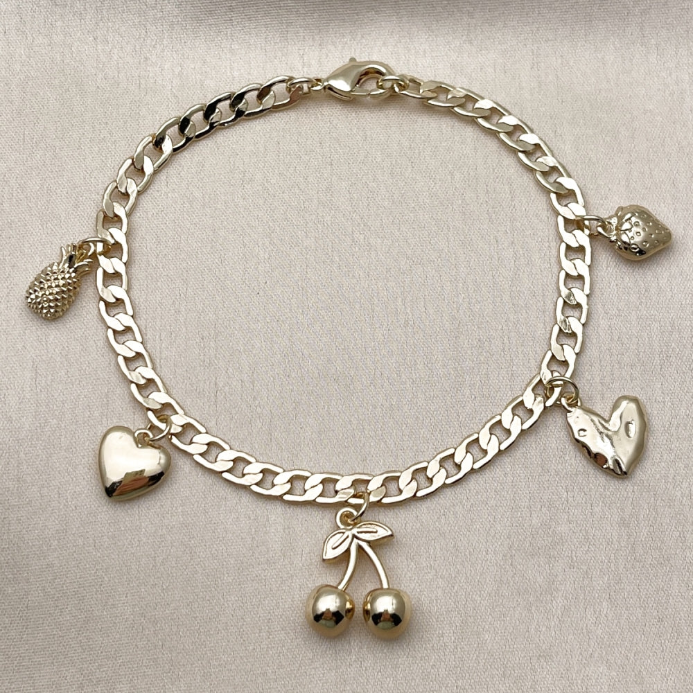 Oro Laminado Charm Bracelet, Gold Filled Style Cherry and Heart Design, Polished, Golden Finish