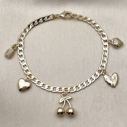 Oro Laminado Charm Bracelet, Gold Filled Style Cherry and Heart Design, Polished, Golden Finish