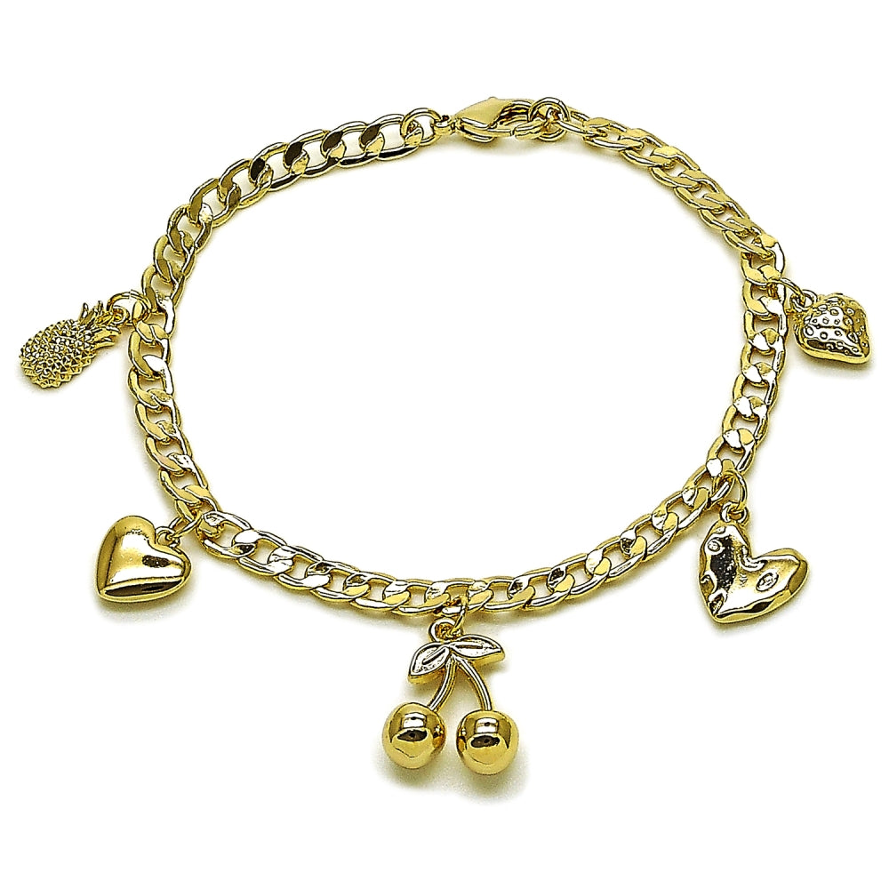 Oro Laminado Charm Bracelet, Gold Filled Style Cherry and Heart Design, Polished, Golden Finish