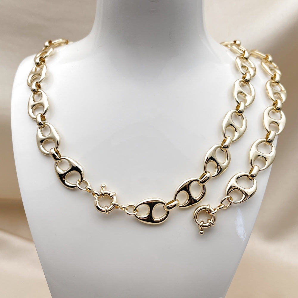 Oro Laminado Necklace and Bracelet, Gold Filled Style Puff Mariner and Mariner Design, Polished, Golden Finish