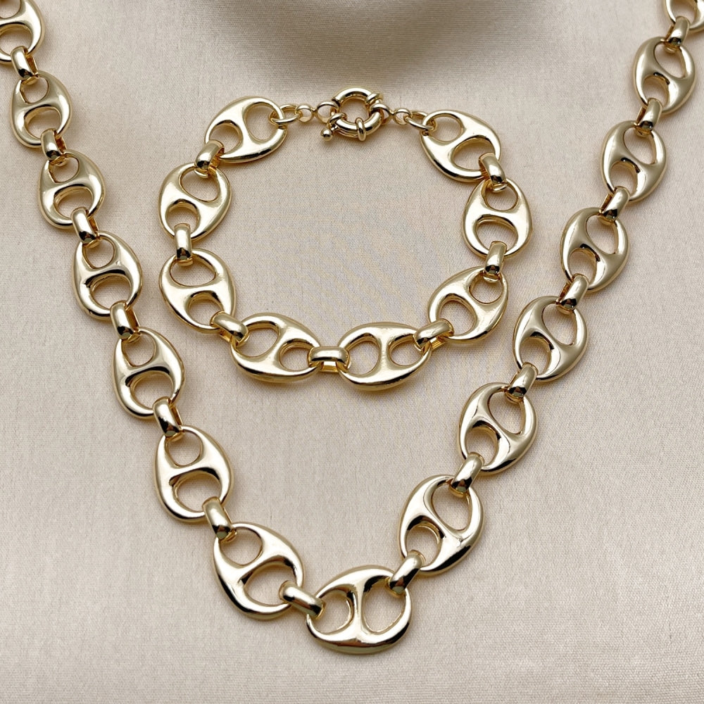 Oro Laminado Necklace and Bracelet, Gold Filled Style Puff Mariner and Mariner Design, Polished, Golden Finish