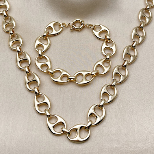 Oro Laminado Necklace and Bracelet, Gold Filled Style Puff Mariner and Mariner Design, Polished, Golden Finish