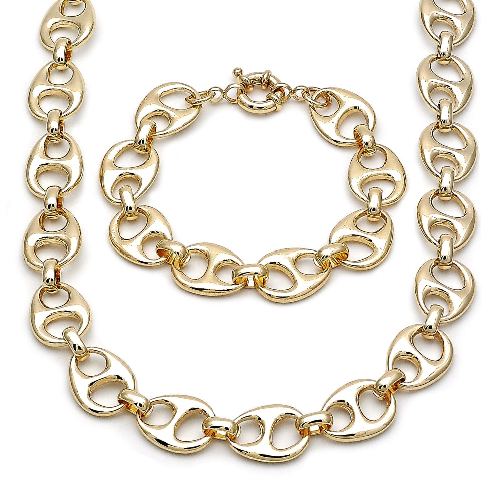 Oro Laminado Necklace and Bracelet, Gold Filled Style Puff Mariner and Mariner Design, Polished, Golden Finish