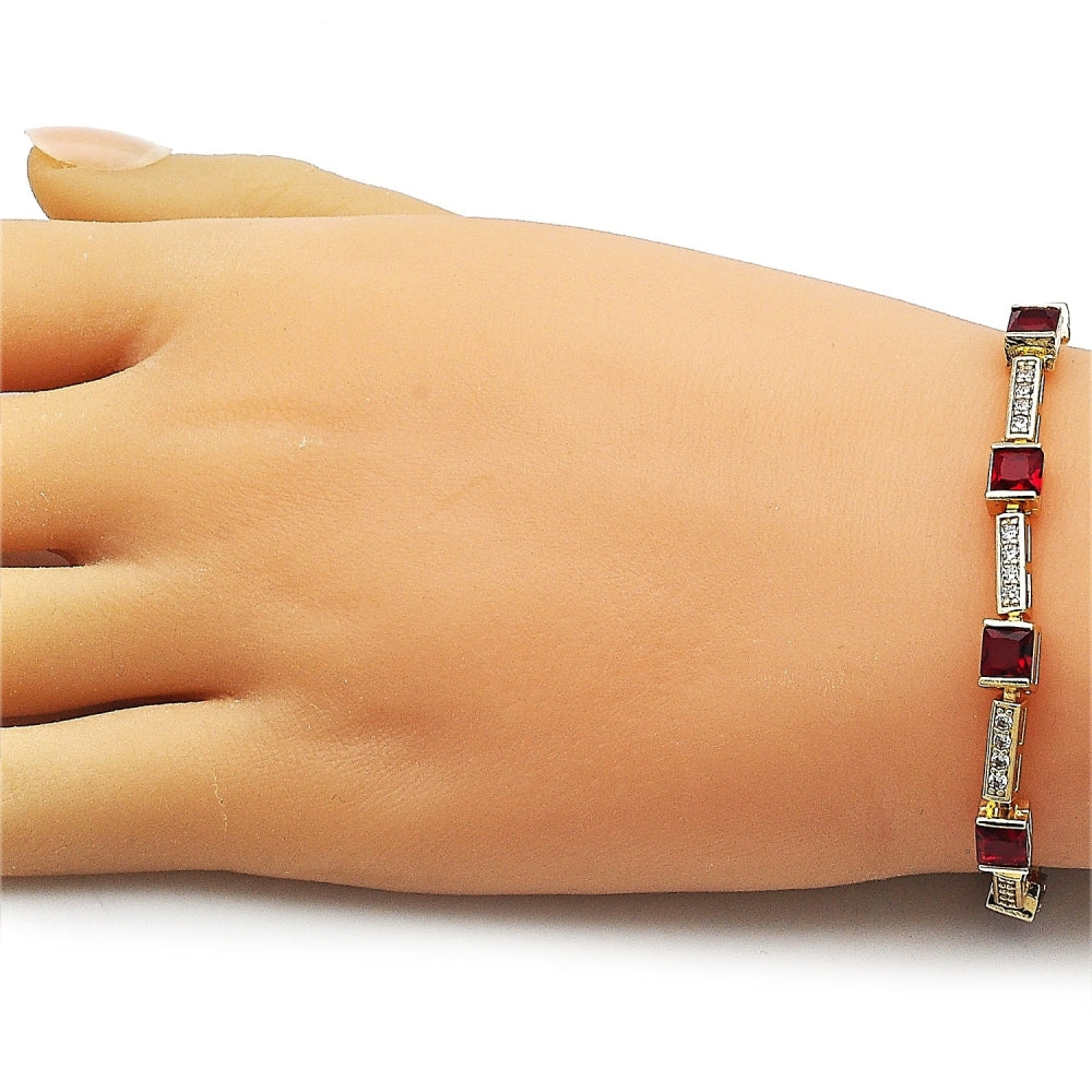 Oro Laminado Tennis Bracelet, Gold Filled Style with Garnet and White Cubic Zirconia, Polished, Golden Finish