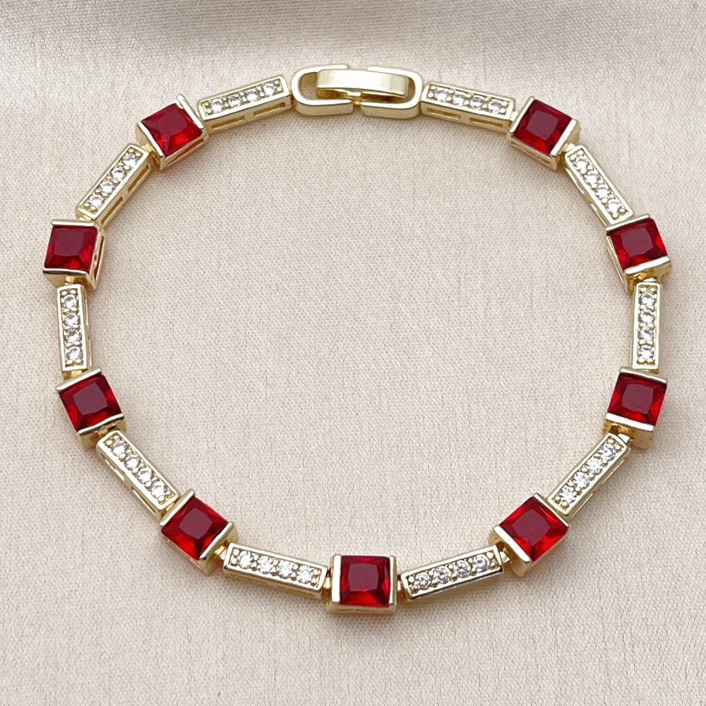 Oro Laminado Tennis Bracelet, Gold Filled Style with Garnet and White Cubic Zirconia, Polished, Golden Finish