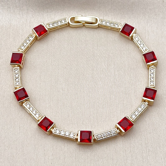 Oro Laminado Tennis Bracelet, Gold Filled Style with Garnet and White Cubic Zirconia, Polished, Golden Finish