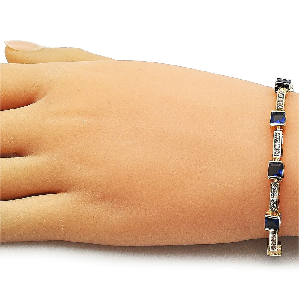 Oro Laminado Tennis Bracelet, Gold Filled Style with Sapphire Blue and White Cubic Zirconia, Polished, Golden Finish