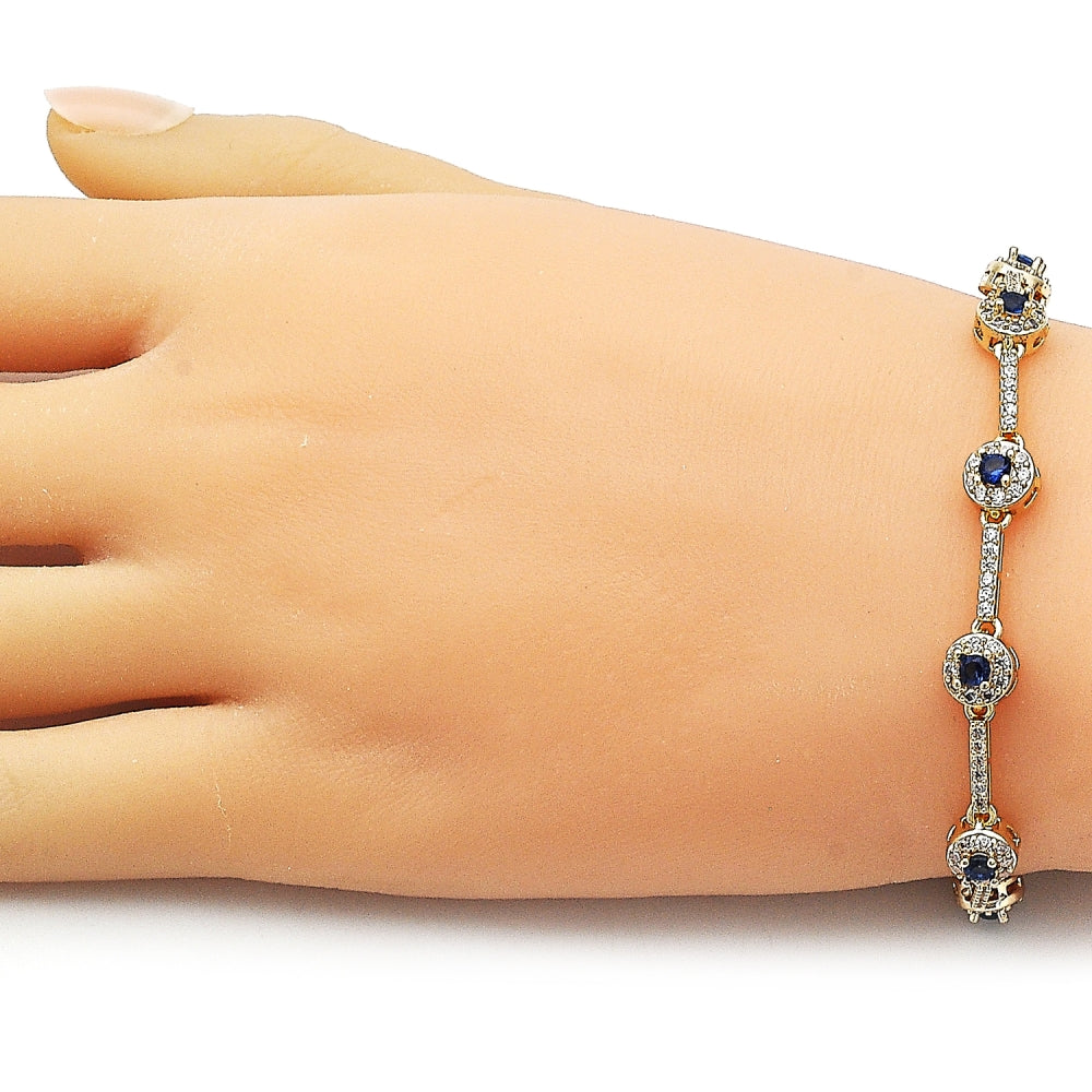 Oro Laminado Tennis Bracelet, Gold Filled Style Cluster Design, with Sapphire Blue and White Cubic Zirconia, Polished, Golden Finish