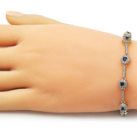 Oro Laminado Tennis Bracelet, Gold Filled Style Cluster Design, with Sapphire Blue and White Cubic Zirconia, Polished, Golden Finish