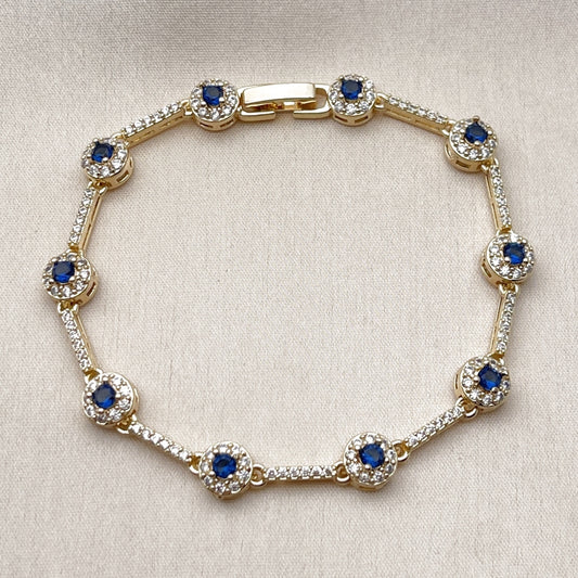 Oro Laminado Tennis Bracelet, Gold Filled Style Cluster Design, with Sapphire Blue and White Cubic Zirconia, Polished, Golden Finish