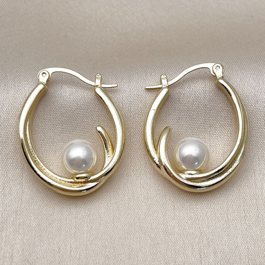 Oro Laminado Small Hoop, Gold Filled Style Ball Design, with Ivory Pearl, Polished, Golden Finish