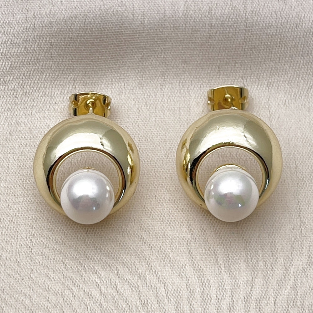 Oro Laminado Stud Earring, Gold Filled Style Ball Design, with Ivory Pearl, Polished, Golden Finish