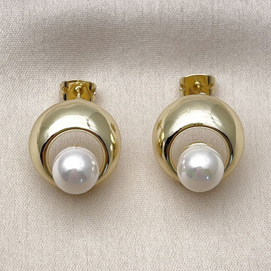 Oro Laminado Stud Earring, Gold Filled Style Ball Design, with Ivory Pearl, Polished, Golden Finish