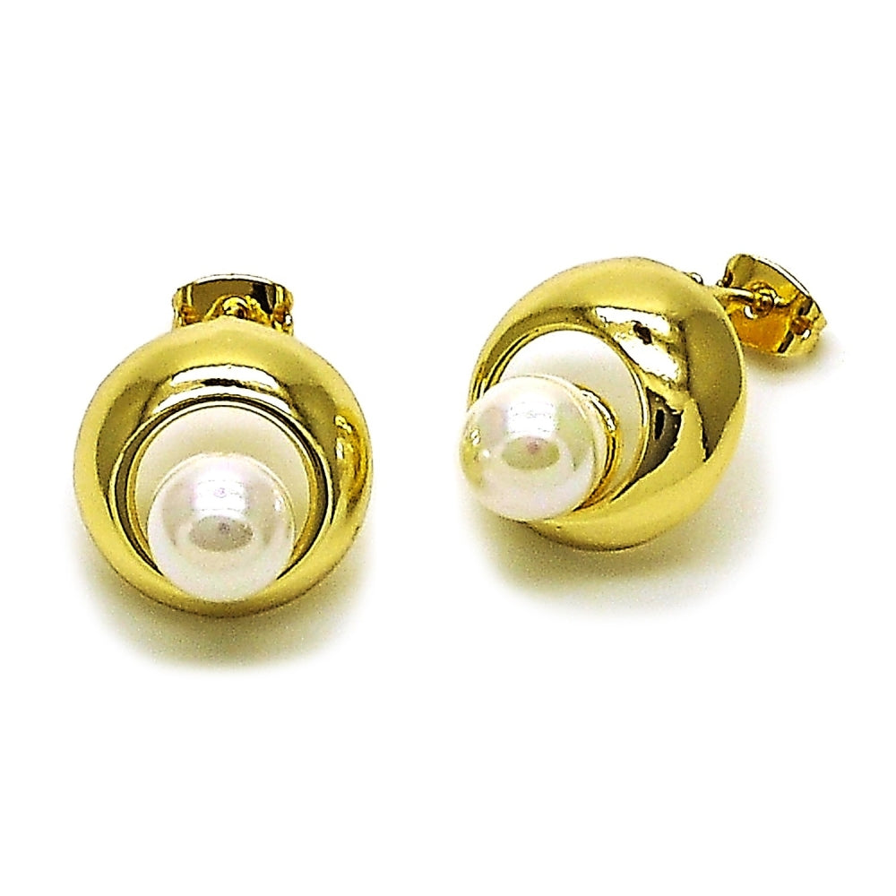 Oro Laminado Stud Earring, Gold Filled Style Ball Design, with Ivory Pearl, Polished, Golden Finish