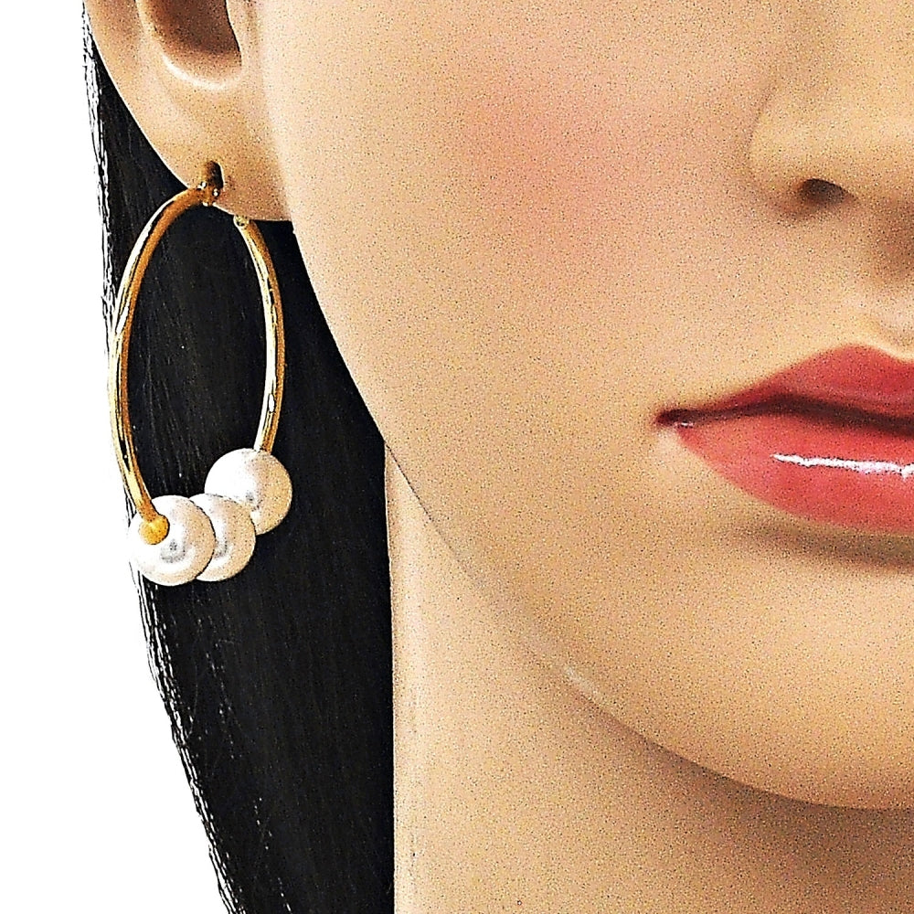 Oro Laminado Medium Hoop, Gold Filled Style Ball Design, with Ivory Pearl, Polished, Golden Finish