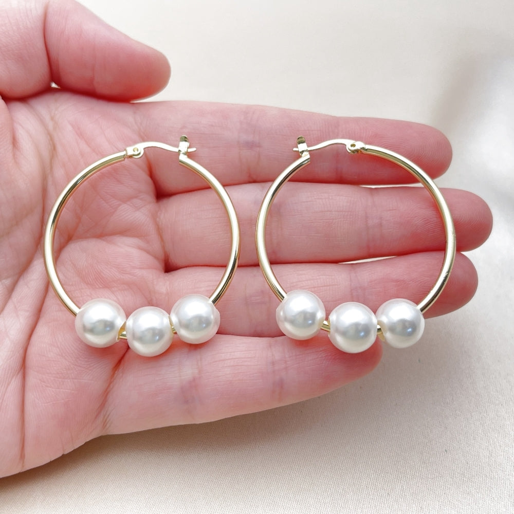 Oro Laminado Medium Hoop, Gold Filled Style Ball Design, with Ivory Pearl, Polished, Golden Finish