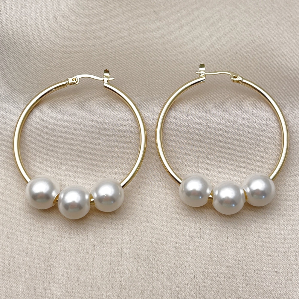 Oro Laminado Medium Hoop, Gold Filled Style Ball Design, with Ivory Pearl, Polished, Golden Finish