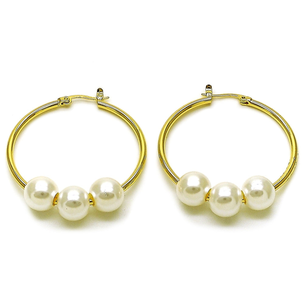 Oro Laminado Medium Hoop, Gold Filled Style Ball Design, with Ivory Pearl, Polished, Golden Finish