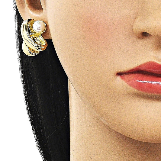 Oro Laminado Stud Earring, Gold Filled Style Ball Design, with Ivory Pearl, Polished, Golden Finish