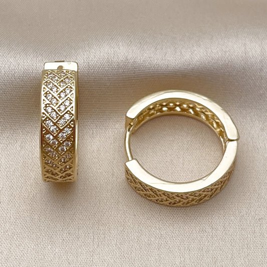 Oro Laminado Huggie Hoop, Gold Filled Style with White Cubic Zirconia, Polished, Golden Finish