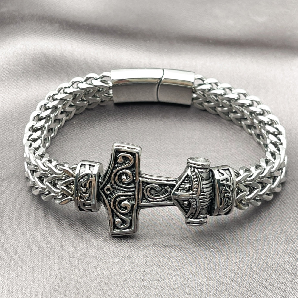 Stainless Steel Fancy Bracelet, Anchor and Square Franco Design, Polished, Steel Finish