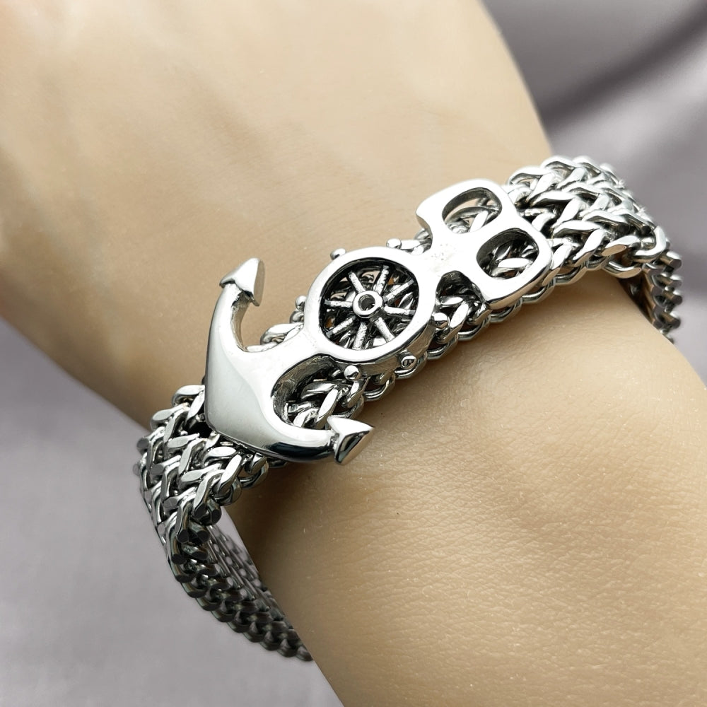 Stainless Steel Fancy Bracelet, Anchor and Square Franco Design, Polished, Steel Finish