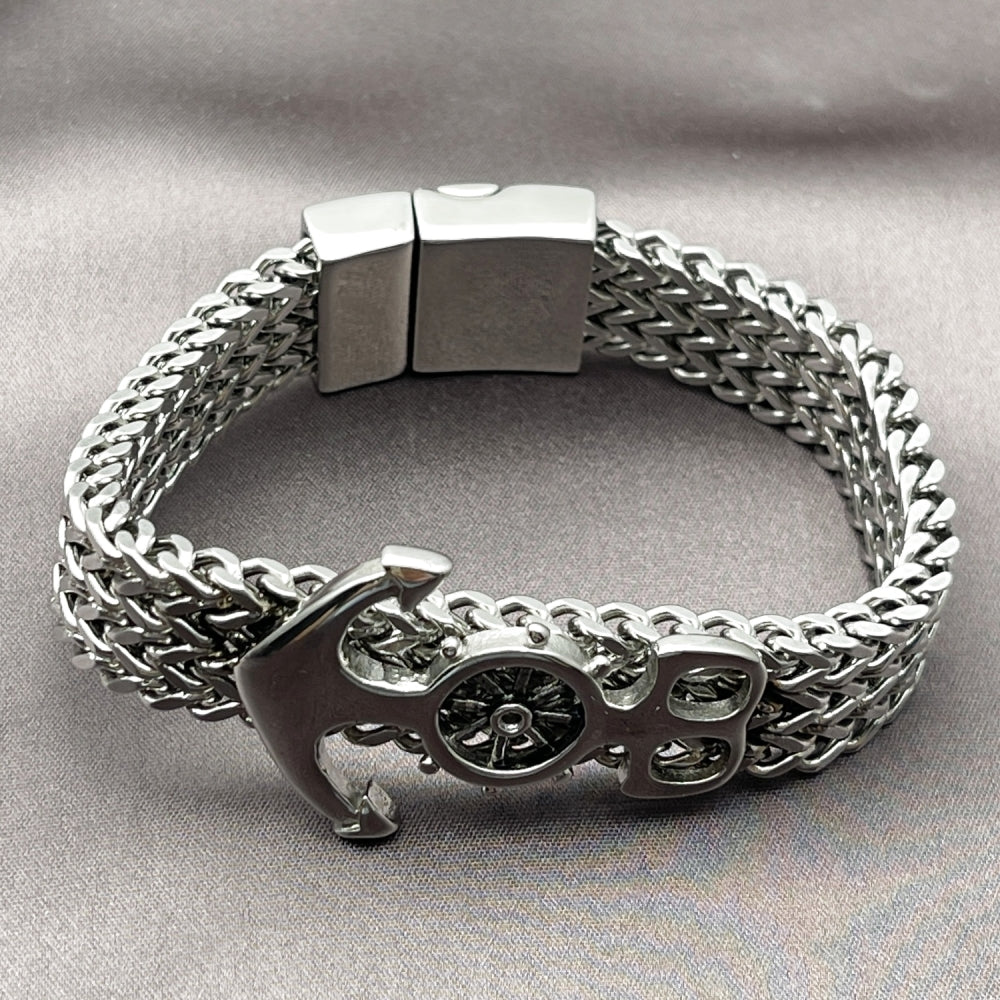 Stainless Steel Fancy Bracelet, Anchor and Square Franco Design, Polished, Steel Finish