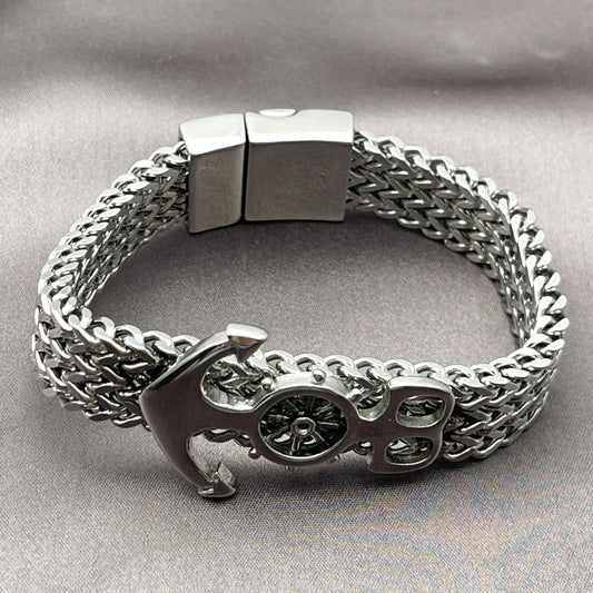 Stainless Steel Fancy Bracelet, Anchor and Square Franco Design, Polished, Steel Finish