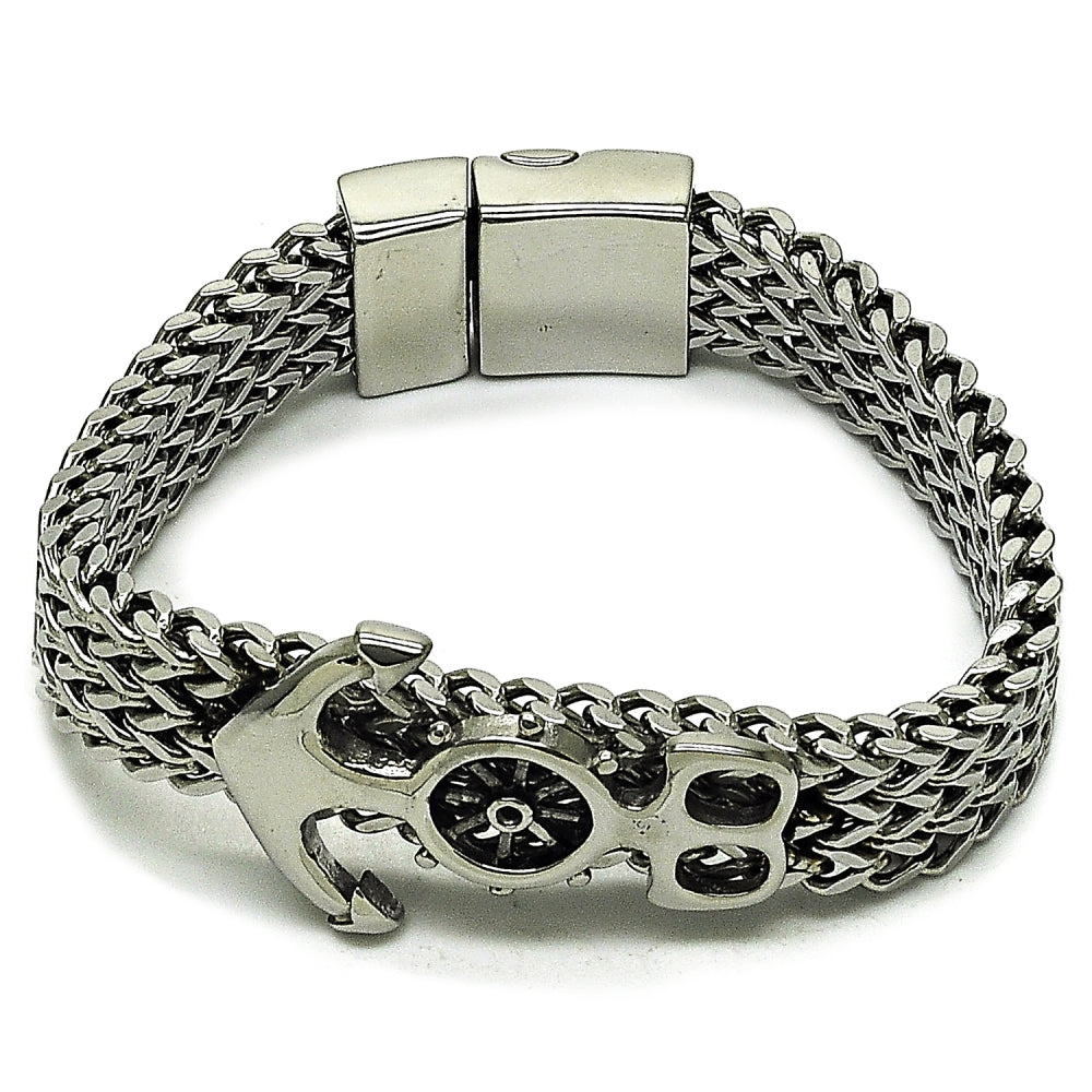 Stainless Steel Fancy Bracelet, Anchor and Square Franco Design, Polished, Steel Finish