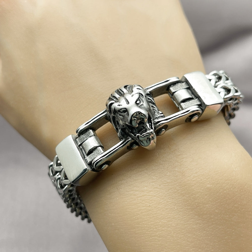 Stainless Steel Fancy Bracelet, Lion and Square Franco Design, Polished, Steel Finish