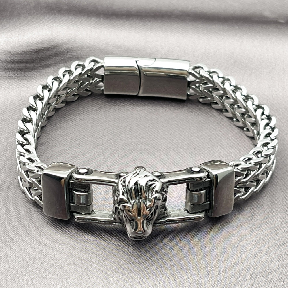 Stainless Steel Fancy Bracelet, Lion and Square Franco Design, Polished, Steel Finish