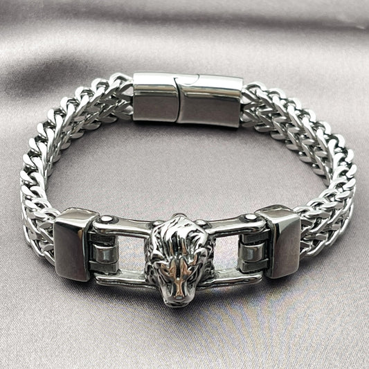 Stainless Steel Fancy Bracelet, Lion and Square Franco Design, Polished, Steel Finish