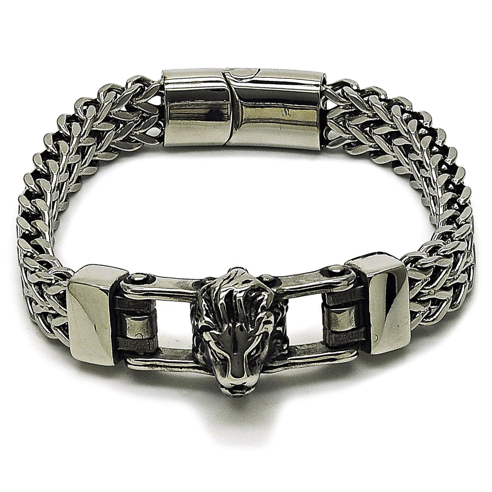 Stainless Steel Fancy Bracelet, Lion and Square Franco Design, Polished, Steel Finish
