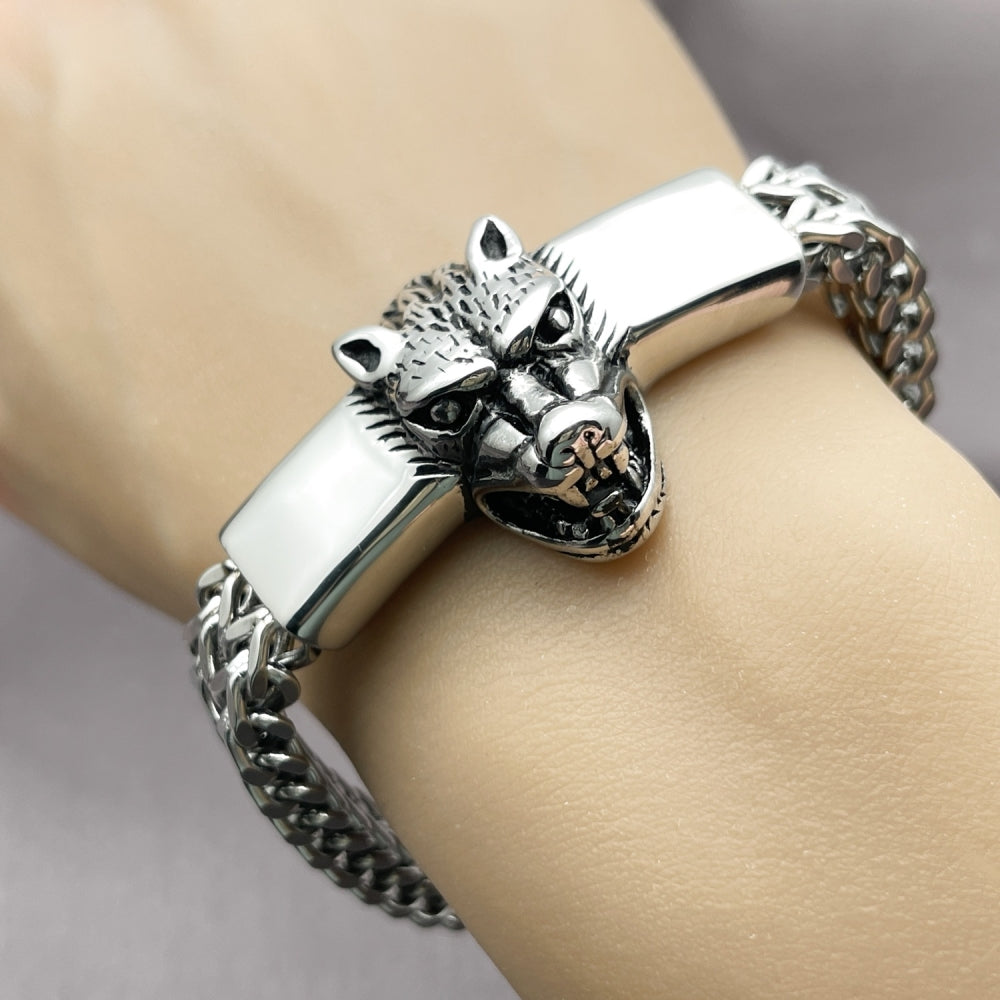 Stainless Steel Fancy Bracelet, Lion Design, Polished, Steel Finish