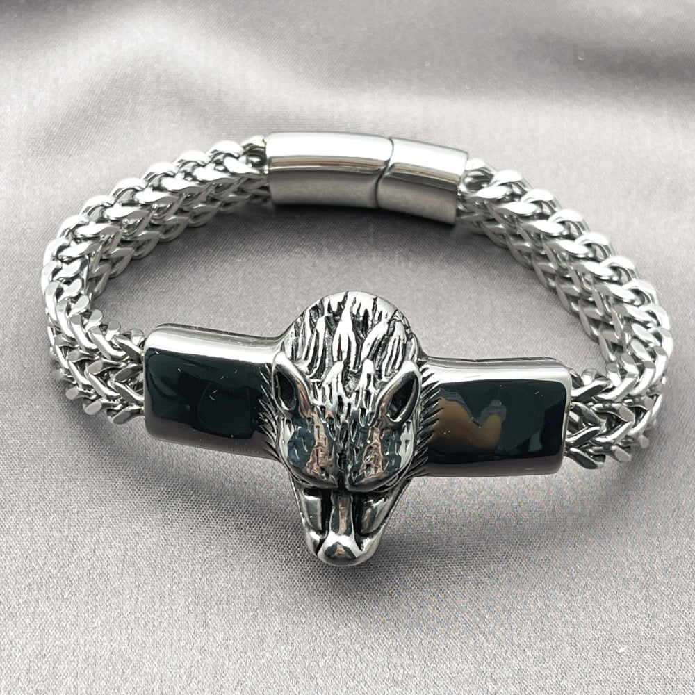 Stainless Steel Fancy Bracelet, Lion Design, Polished, Steel Finish