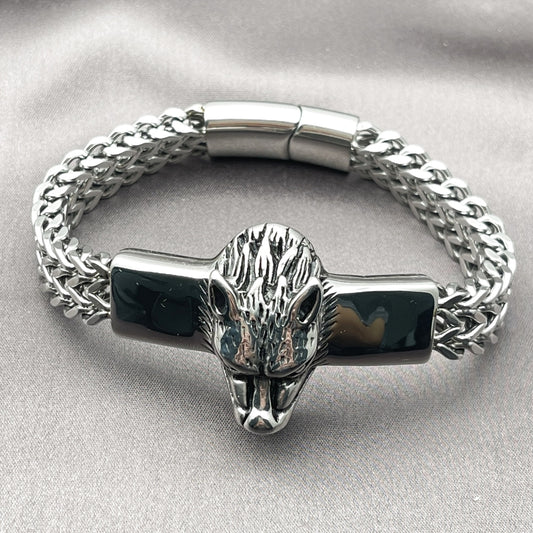 Stainless Steel Fancy Bracelet, Lion Design, Polished, Steel Finish