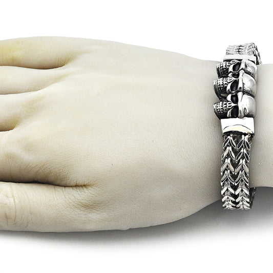 Stainless Steel Fancy Bracelet, Skull and Square Franco Design, Polished, Steel Finish