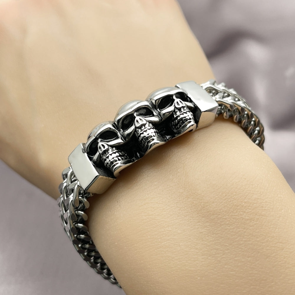 Stainless Steel Fancy Bracelet, Skull and Square Franco Design, Polished, Steel Finish