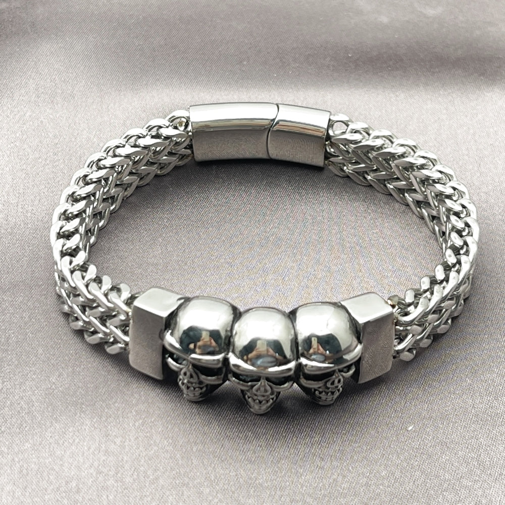 Stainless Steel Fancy Bracelet, Skull and Square Franco Design, Polished, Steel Finish