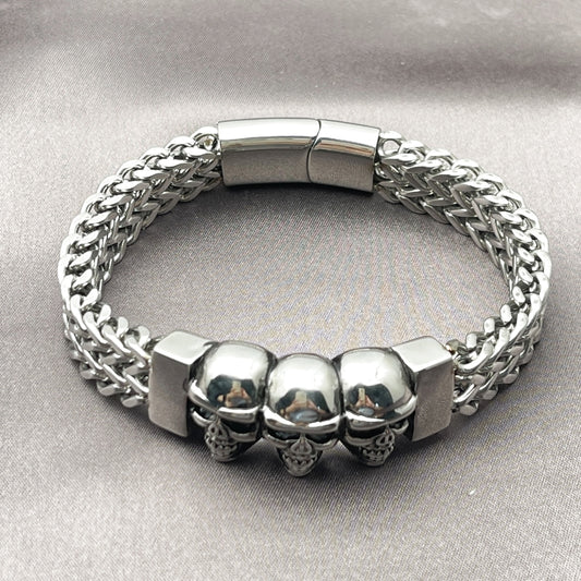 Stainless Steel Fancy Bracelet, Skull and Square Franco Design, Polished, Steel Finish