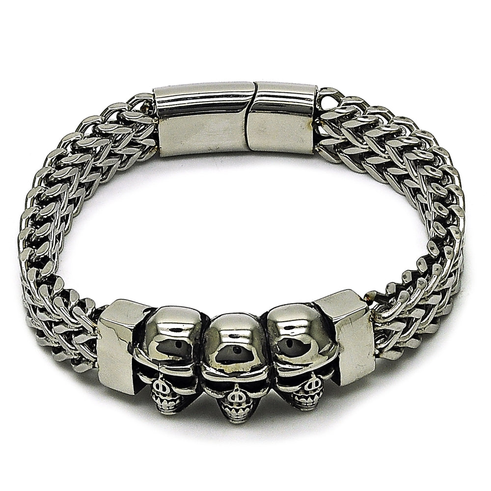 Stainless Steel Fancy Bracelet, Skull and Square Franco Design, Polished, Steel Finish