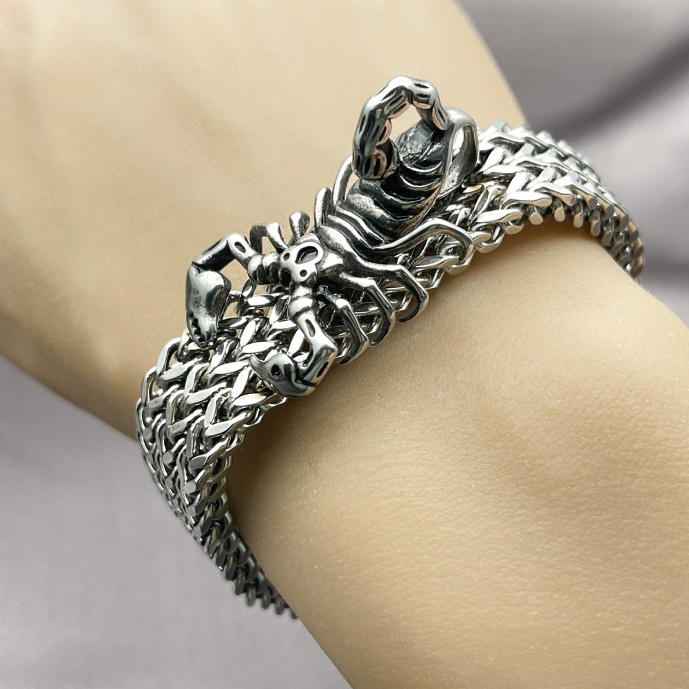 Stainless Steel Fancy Bracelet, Scorpion and Square Franco Design, Polished, Steel Finish