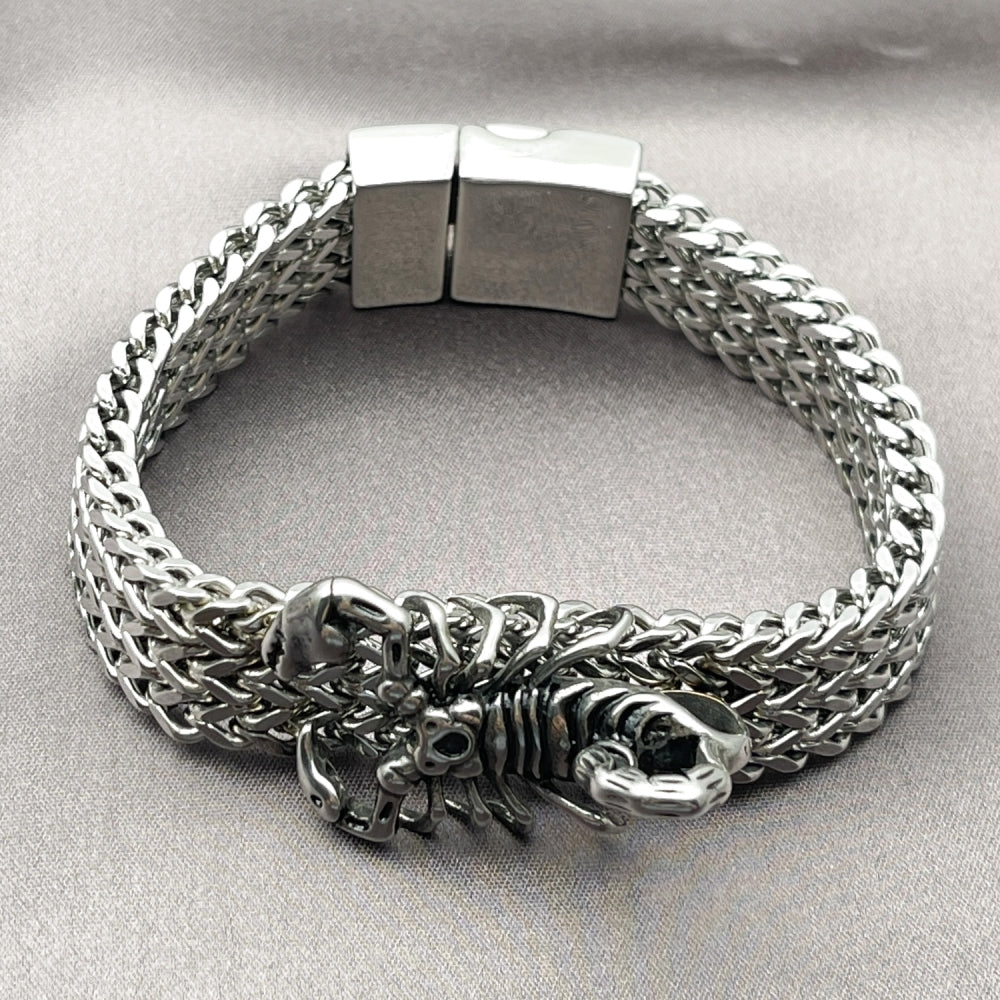 Stainless Steel Fancy Bracelet, Scorpion and Square Franco Design, Polished, Steel Finish