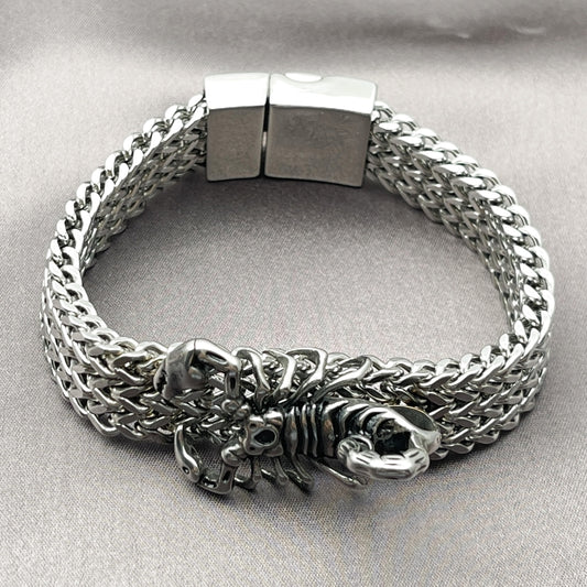 Stainless Steel Fancy Bracelet, Scorpion and Square Franco Design, Polished, Steel Finish