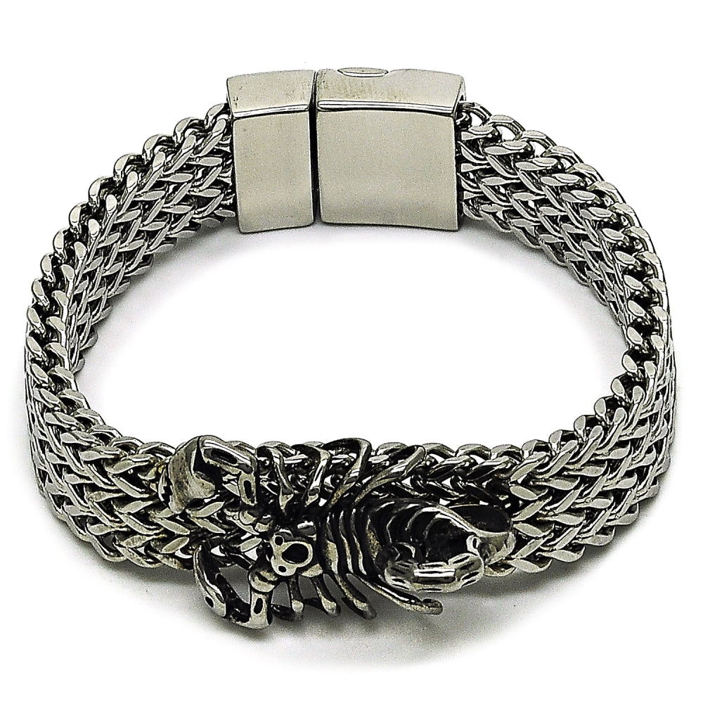Stainless Steel Fancy Bracelet, Scorpion and Square Franco Design, Polished, Steel Finish