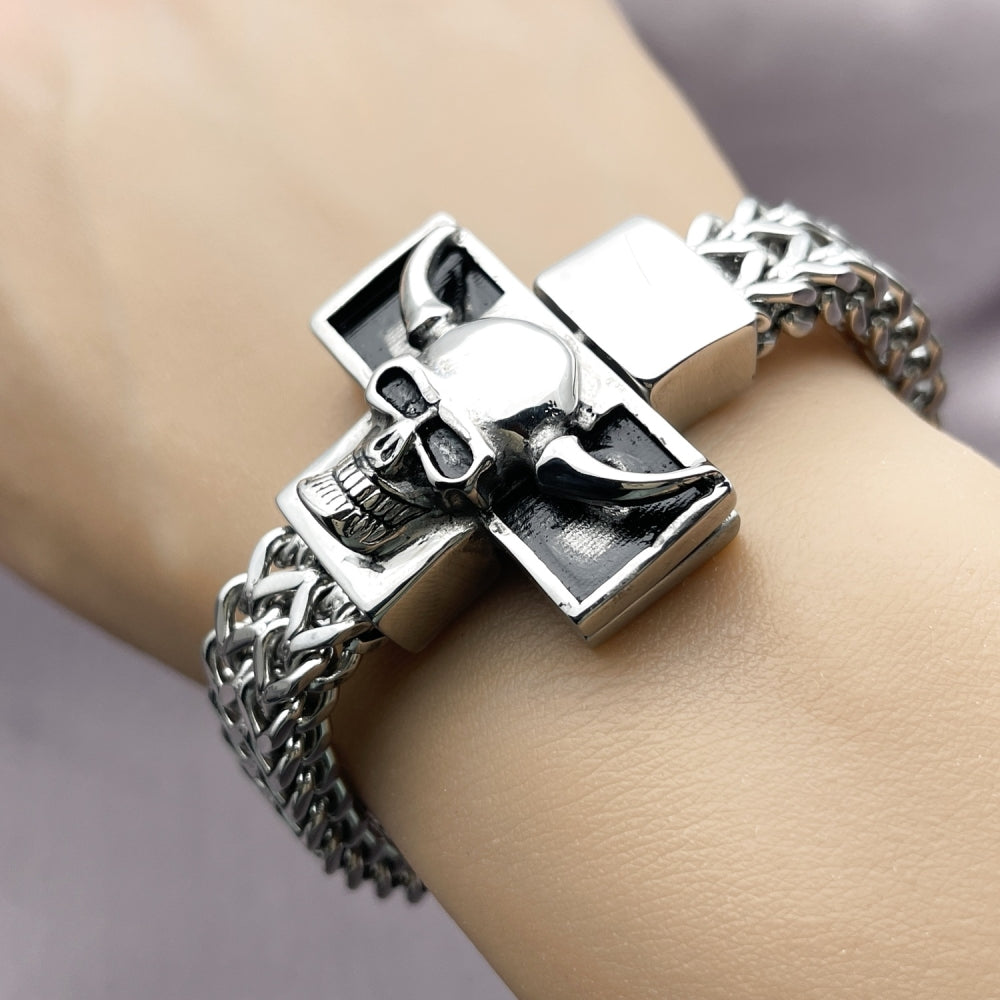 Stainless Steel Fancy Bracelet, Skull and Square Franco Design, Polished, Steel Finish