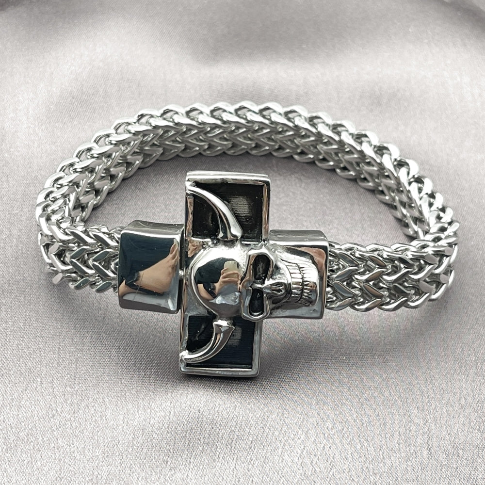 Stainless Steel Fancy Bracelet, Skull and Square Franco Design, Polished, Steel Finish