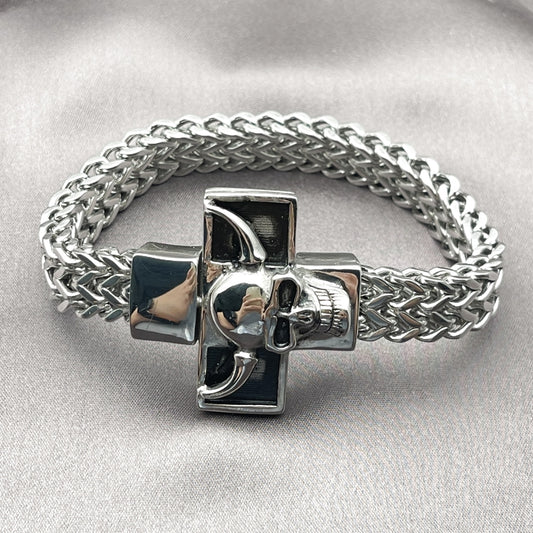 Stainless Steel Fancy Bracelet, Skull and Square Franco Design, Polished, Steel Finish